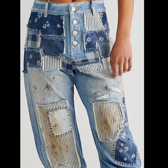 Free People Azalea Patchwork Blue Jeans size 29 Blue Daisy Bandanna - Picture 3 of 16
